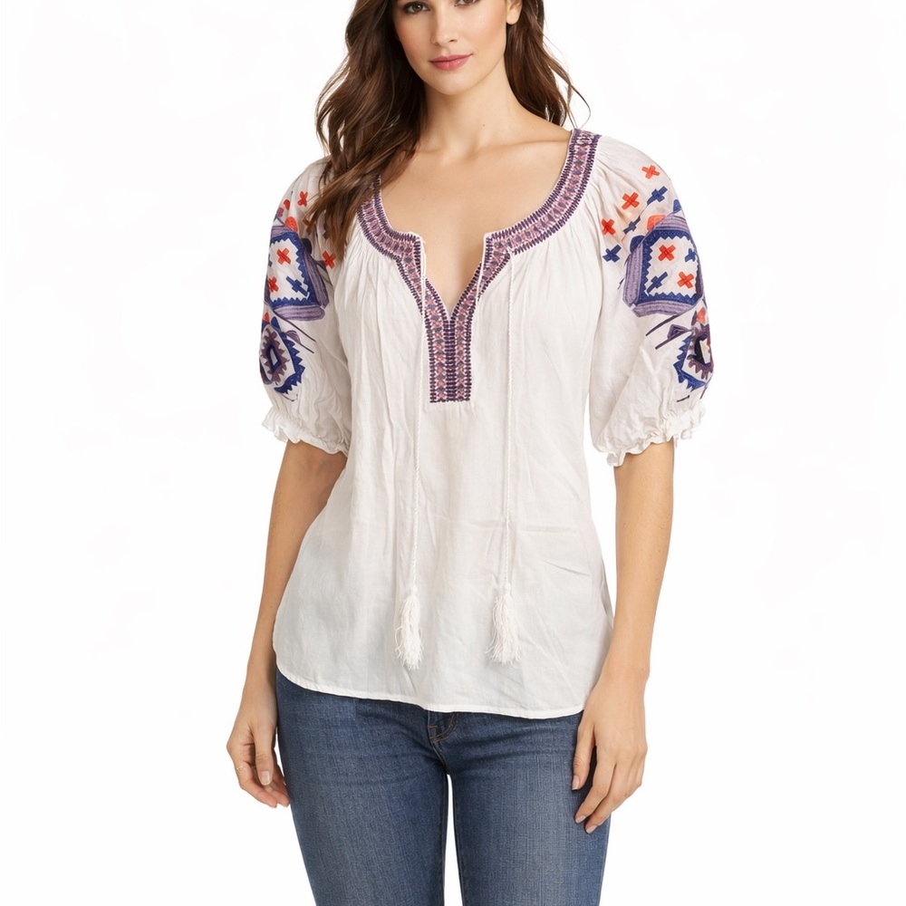 Anthropologie Luna Moon Size Large Embroidered White Boho Top with Tassels